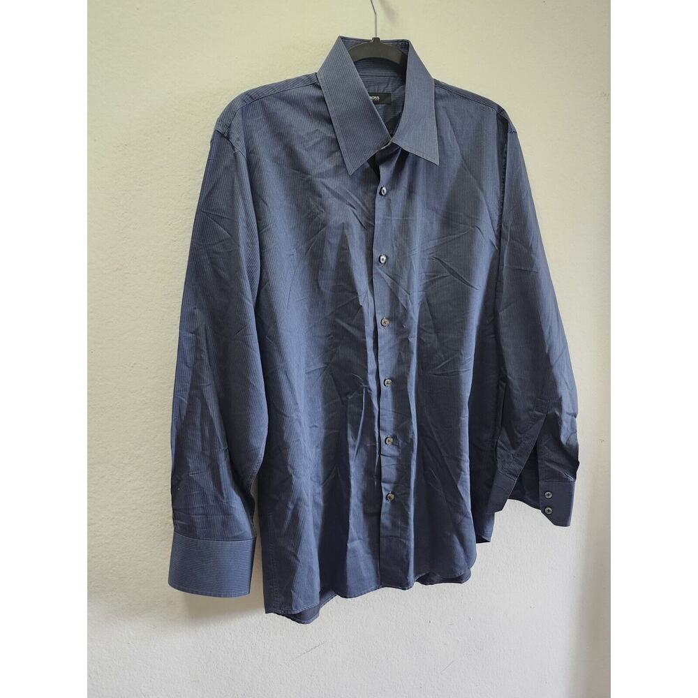Boss Hugo Boss Mens Long Sleeve‎ Button Down Navy Blue Striped Neck 16 32/33